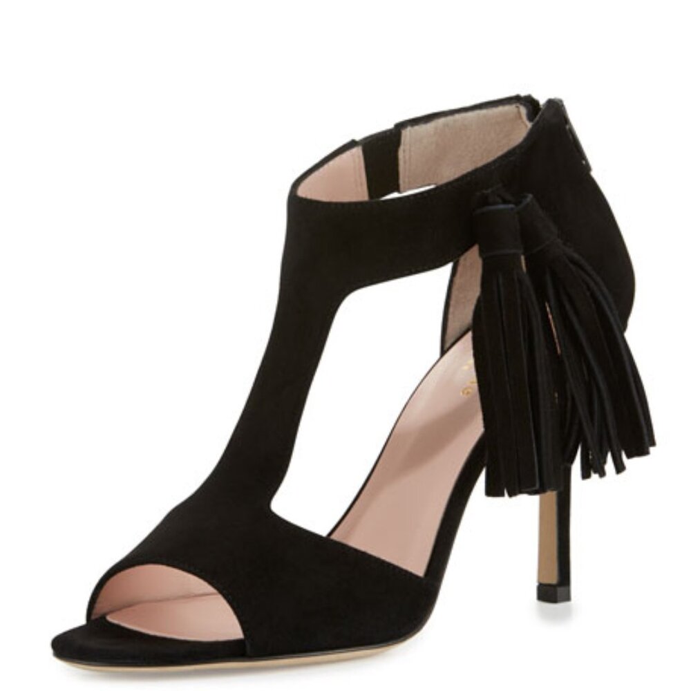 Kate Spade INGA Black Open Toe T-Strap Tumbled Leather Heels Size 6.5 6 1/2